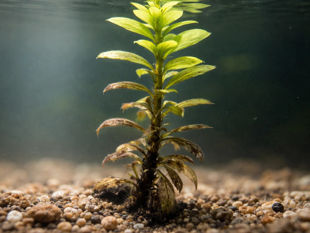 Rotala plant in aquarium with darker, melting lower leaves and brighter green upper growth.