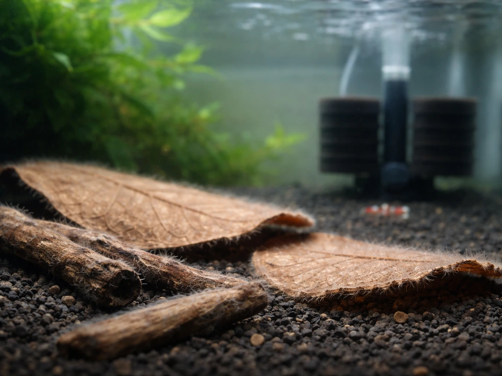 Close-up of shrimp tank leaves and driftwood with faint biofilm and a sponge filter in clear water.
