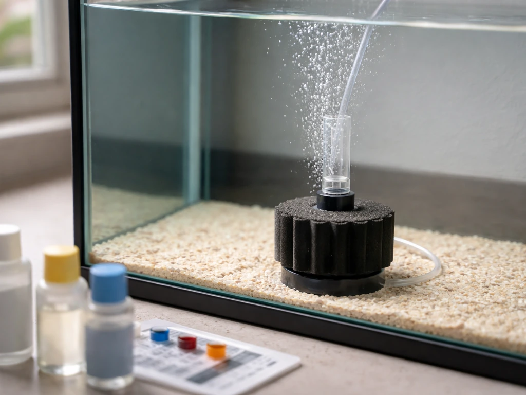 Sponge filter bubbling in an empty new aquarium with test bottles nearby to show cycling-first setup.