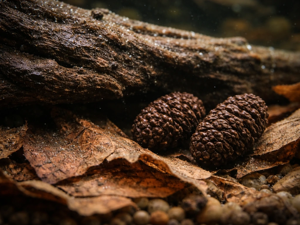 Close-up aquarium view of driftwood, alder cones, and leaf litter with natural biofilm sheen