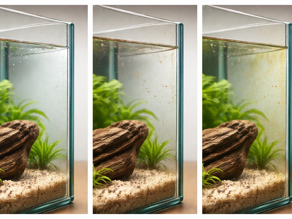 Close-up aquarium glass showing clean, early brown diatoms, and established biofilm progression side-by-side.