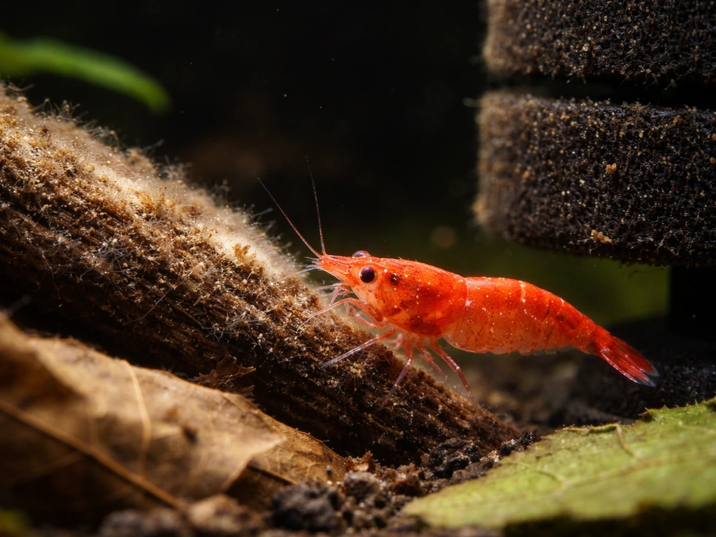 Close-up of cherry shrimp grazing on leaf litter and a sponge filter with a faint biofilm coating.