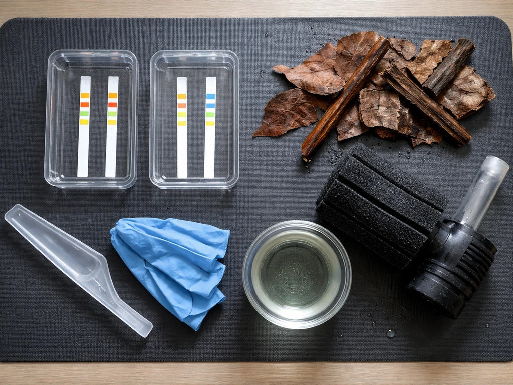 Overhead photo of aquarium troubleshooting items: test strips, leaf litter, and a sponge filter on a clean mat.