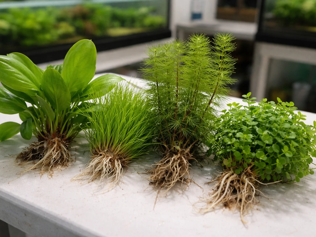 Assorted freshwater aquarium plants with different growth forms arranged on a clean cart or counter.