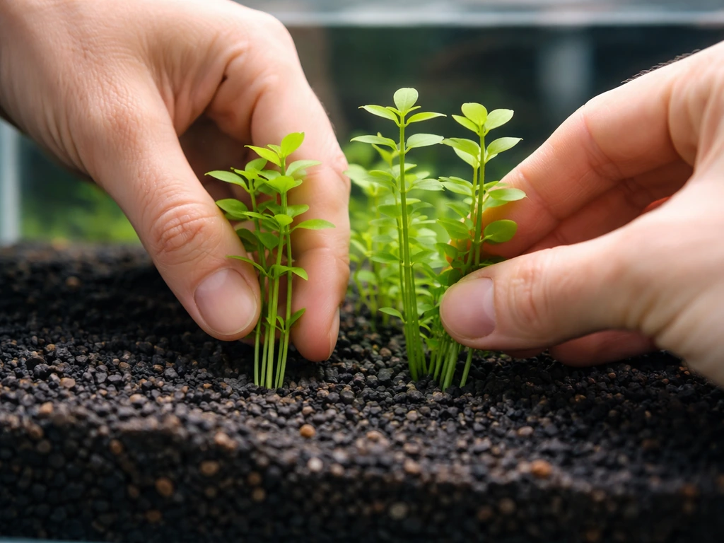 Hands pushing a stem plant into aquarium substrate while grouping several stems naturally.