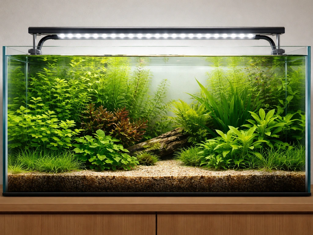 Planted aquarium with adjustable LED lights on, balanced glow and healthy plants, no algae