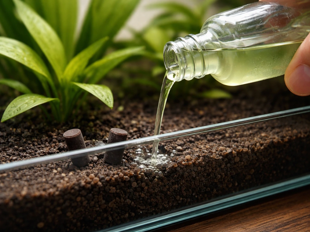 A pale green liquid fertilizer stream poured into aquarium substrate while root tabs are placed nearby.
