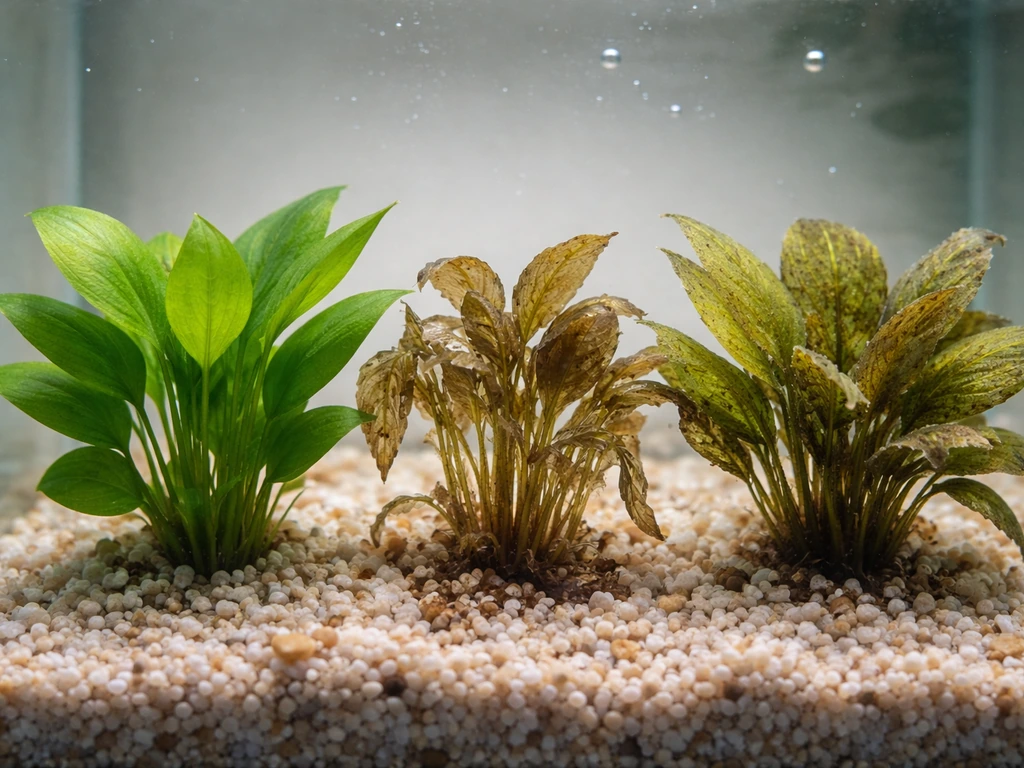 Three potted aquatic plants underwater showing healthy leaves, melting, and algae film for tank diagnosis