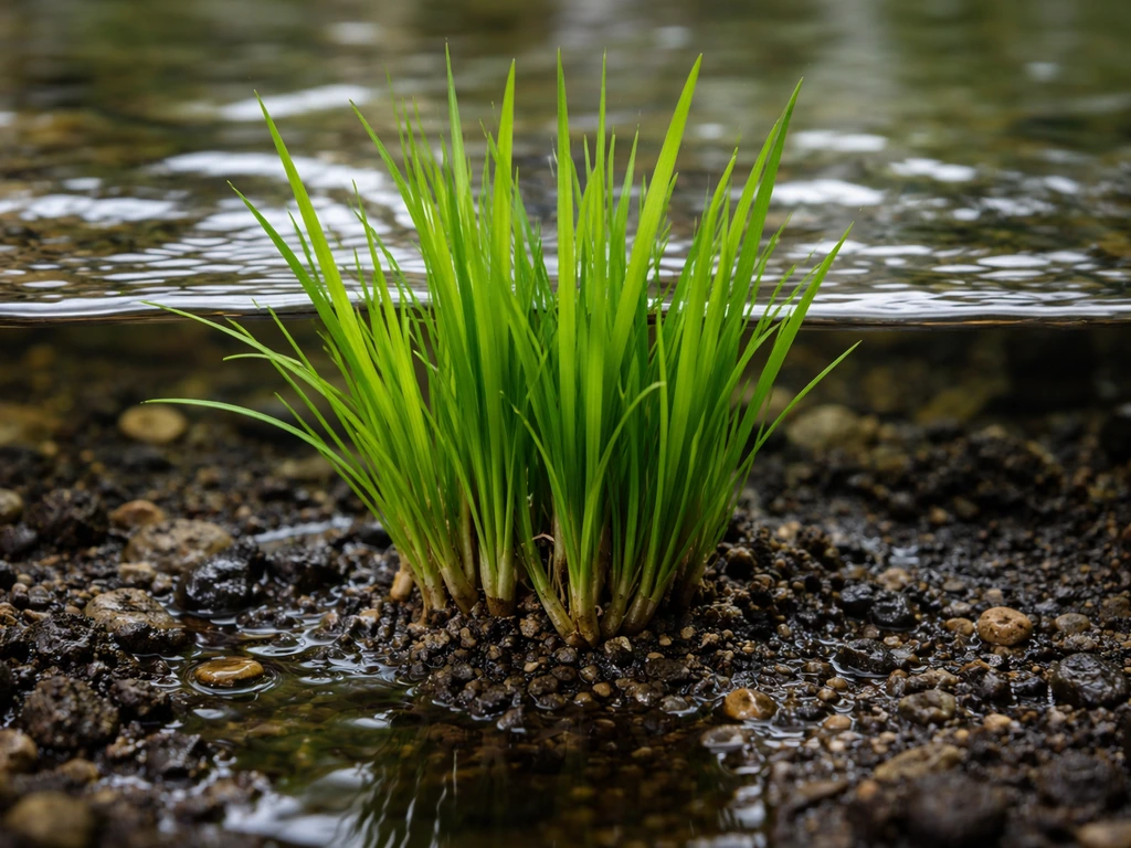 Close-up of Phalaris aquatica tufts growing from wet substrate near the aquarium waterline.
