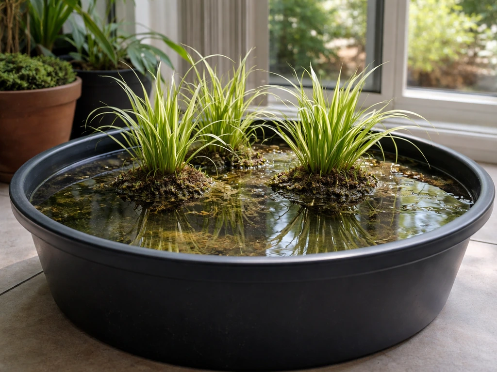 Shallow bog-style planter with waterline and phalaris planted at the crown zone indoors.