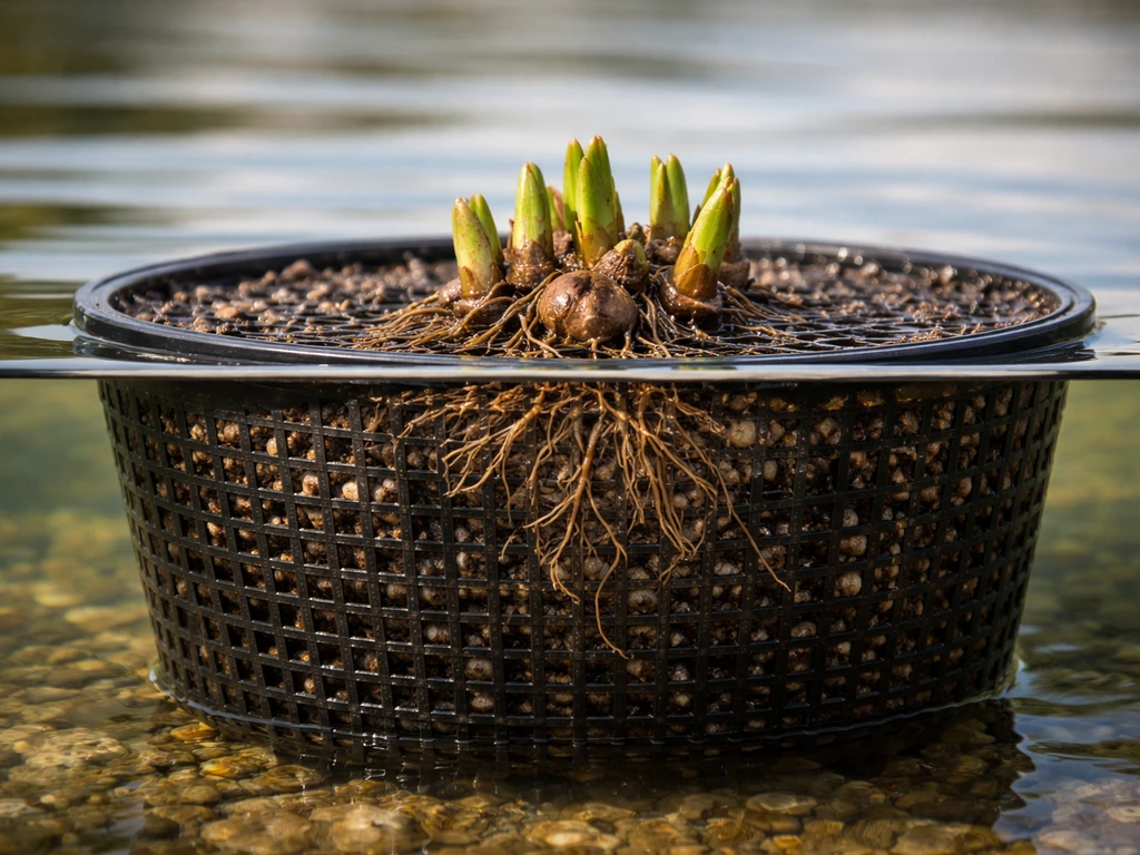 Plant crown and rhizome in a planting basket with the rim and crown aligned to the waterline.