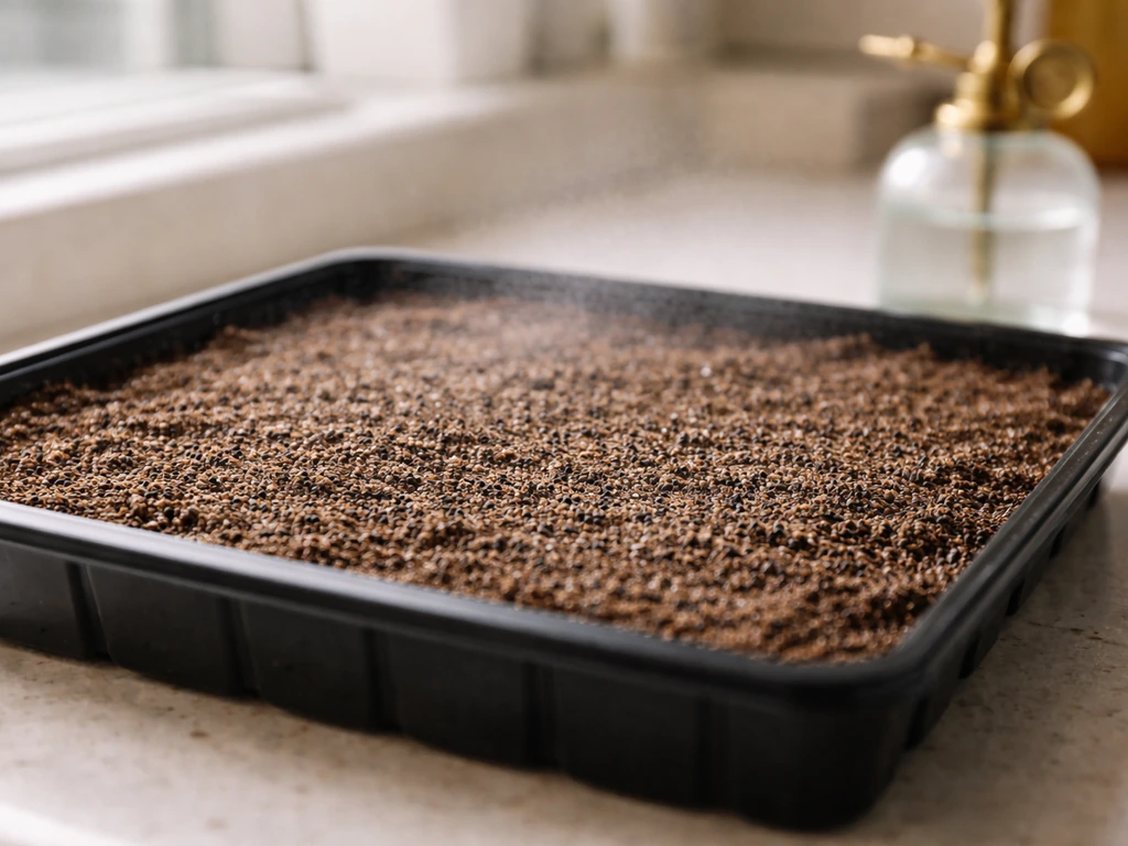 Shallow seed tray with damp seed-starting mix and freshly sown seeds, pre-germination stage.