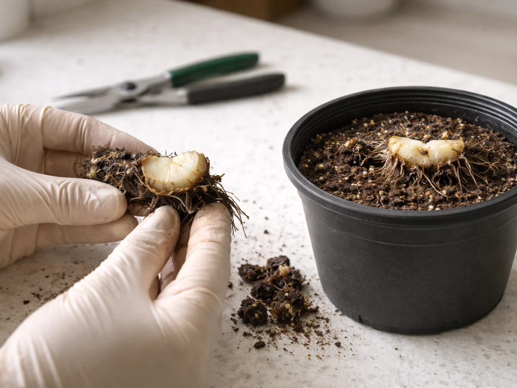 Gloved hands trimming rotted rhizome tissue and replanting at correct shallow depth in a small pot.