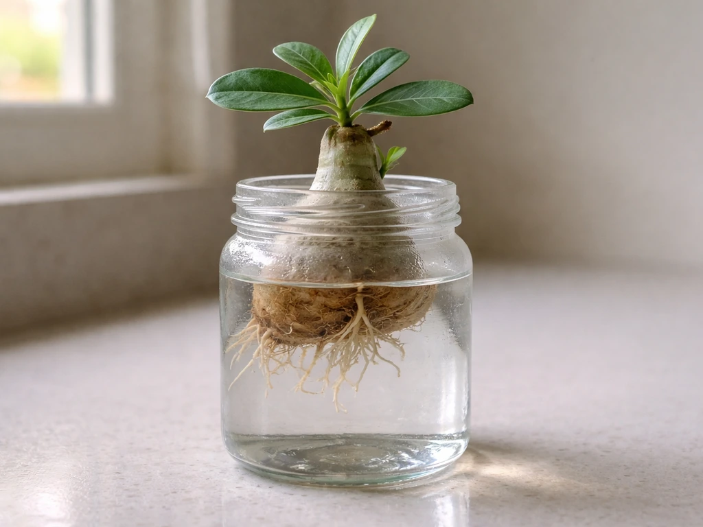 Desert rose caudex partially submerged in a clear jar of water with small roots, minimal countertop backdrop.