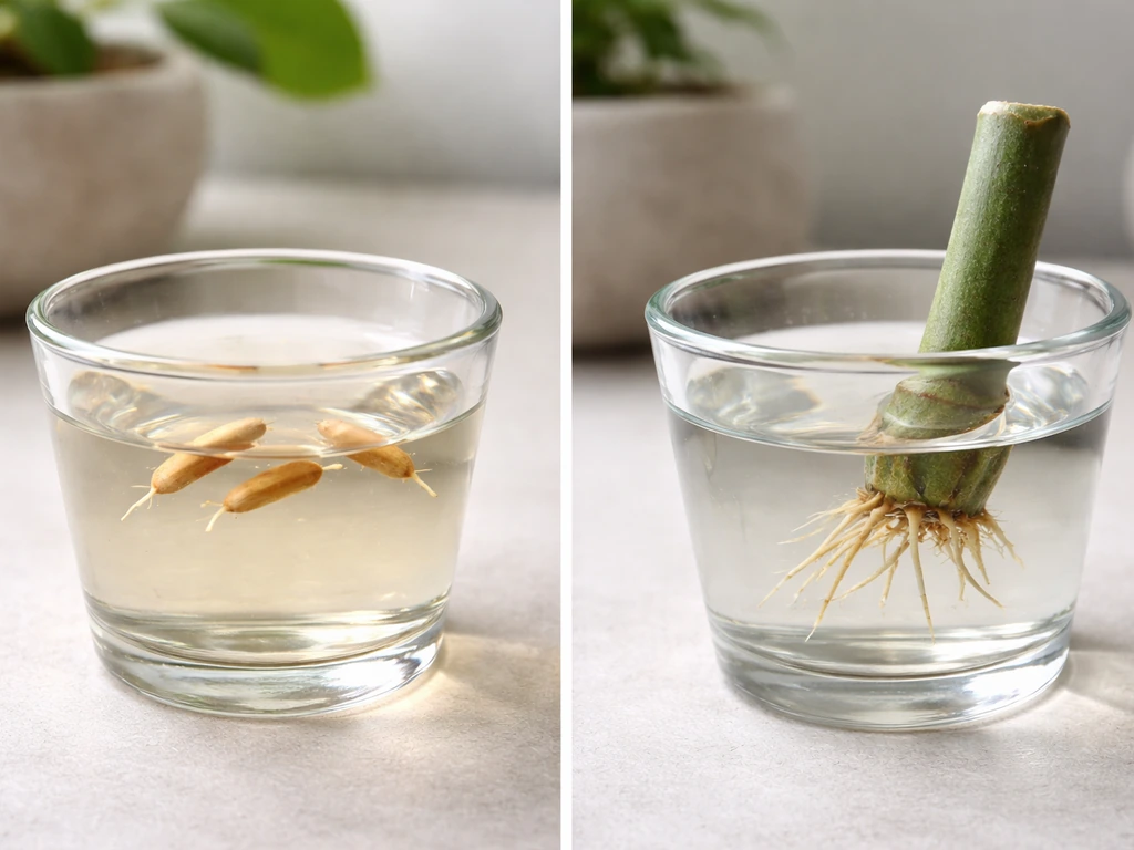Adenium seeds soaking and separate rooted cuttings in clear cups, side-by-side for water propagation comparison.