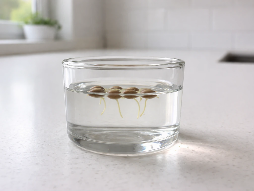 Small clear container of prepared water with a few seeds showing early radicle growth on a clean counter.