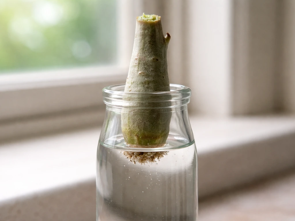 A narrow-neck glass jar with water holding an adenium cutting just touching the water base, minimal setup.