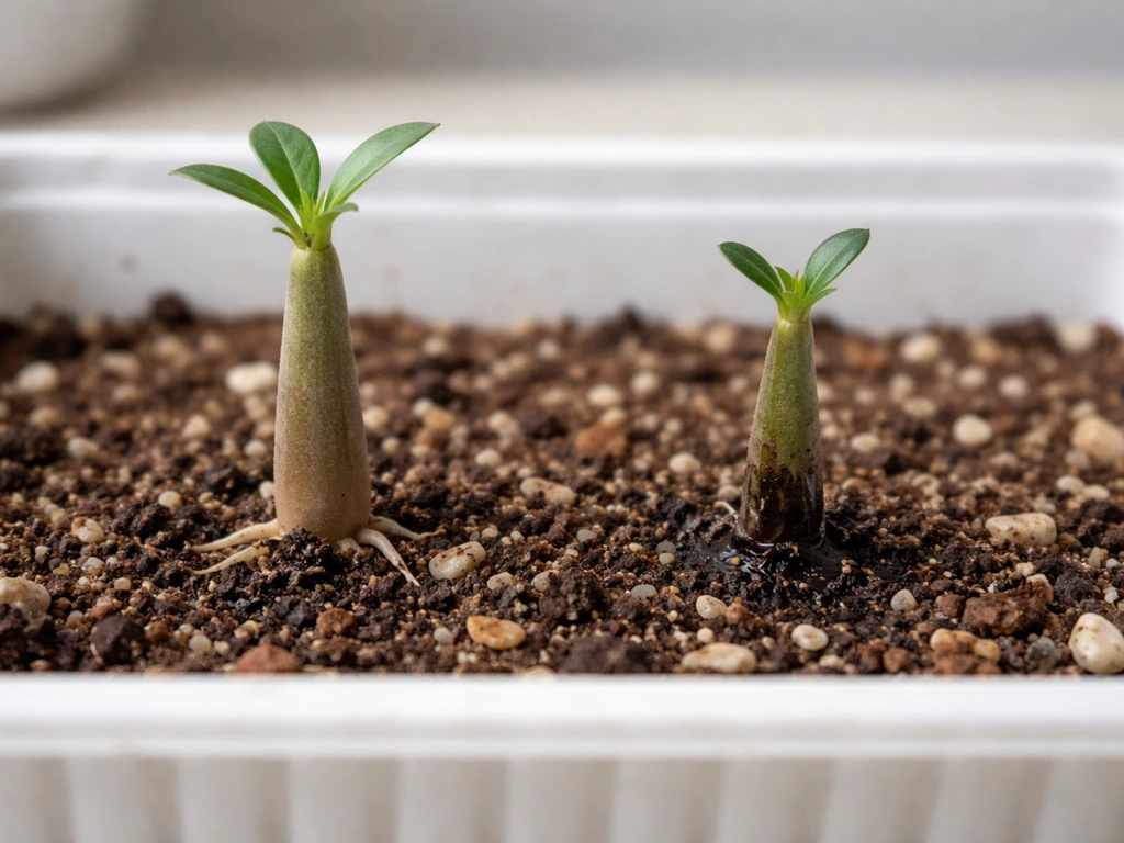 Side-by-side healthy vs rotting adenium transplants, showing firm upright stem and early leaves vs blackened base.