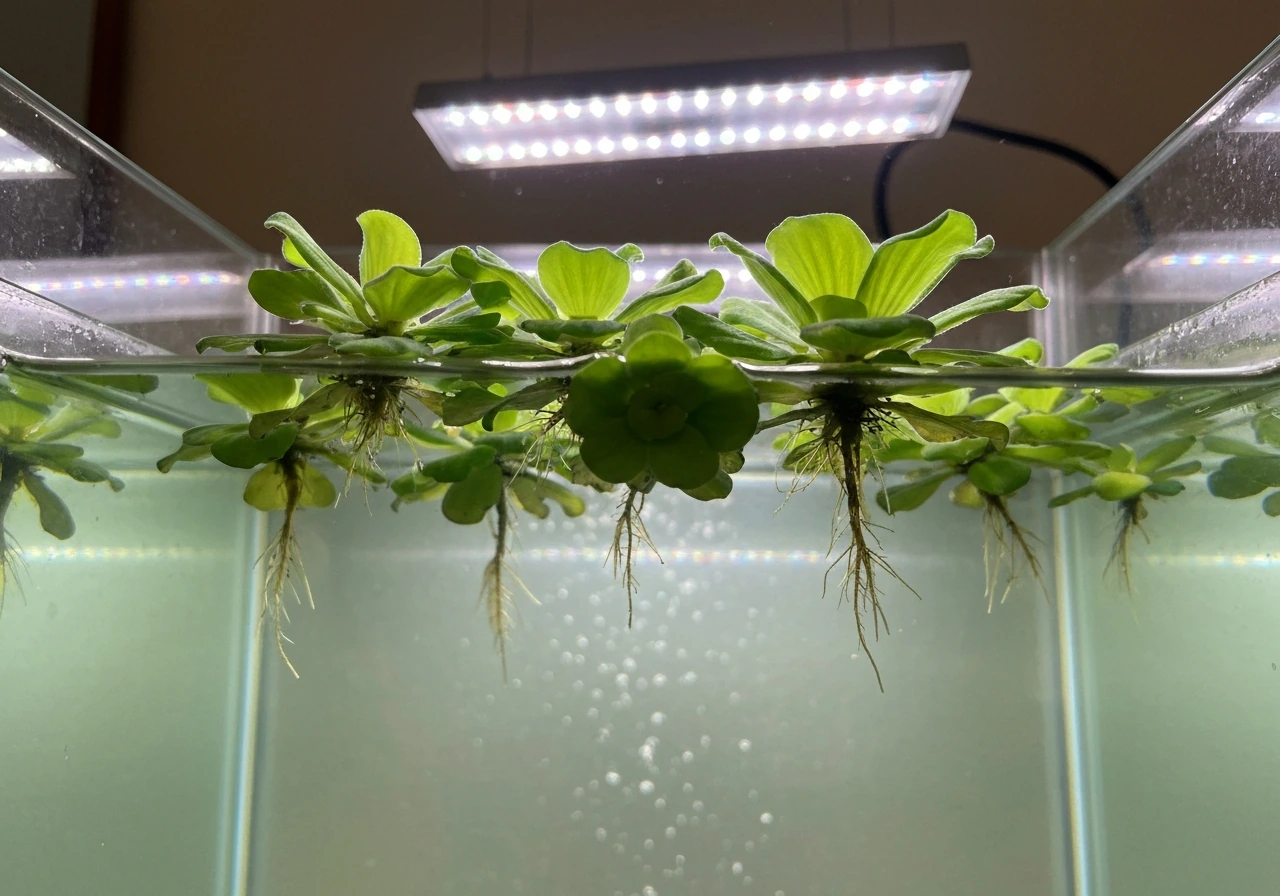 Water lettuce floating near the surface of a clear aquarium, roots dangling in the water under bright overhead light