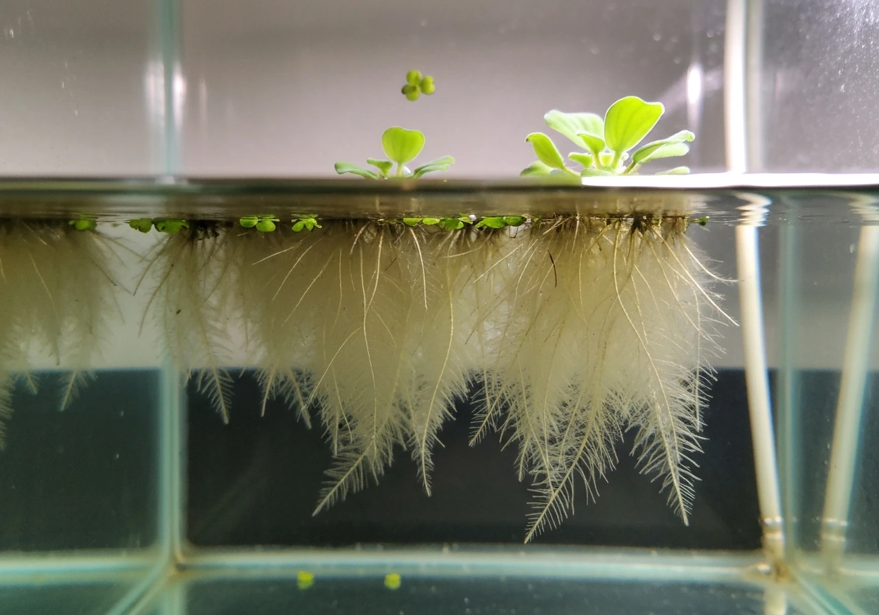 Side view of water lettuce floating on an aquarium surface with feathery roots in clear water.