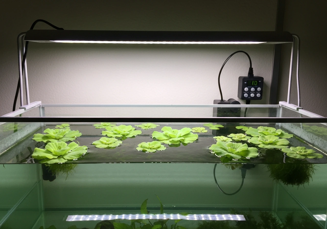 Overhead aquarium grow light shining down with floating water lettuce near the surface.