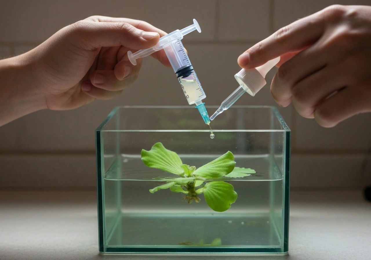 Syringe and dropper measuring liquid fertilizer beside an aquarium with water lettuce plants visible.