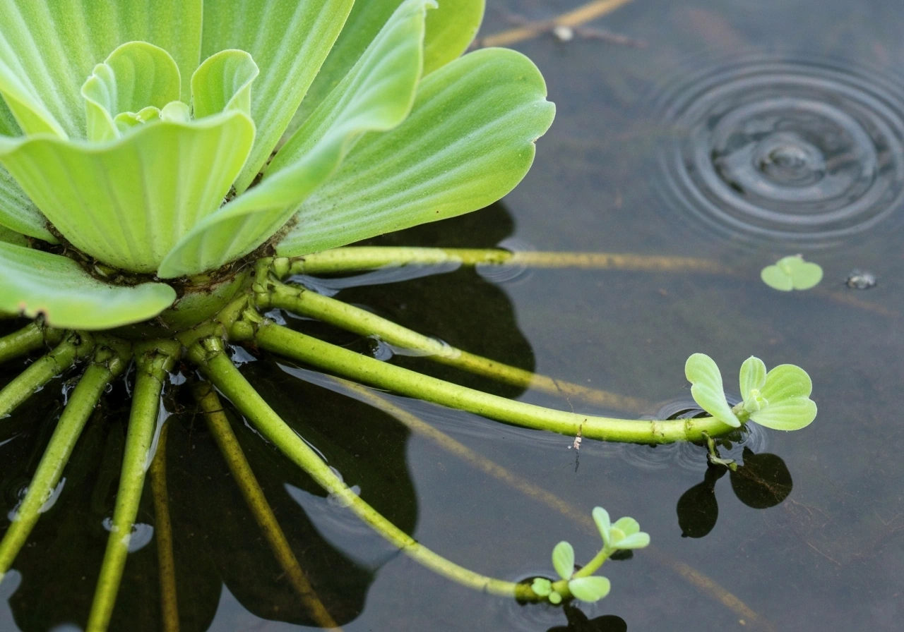 Close-up water lettuce rosette with stolons extending outward and a daughter plant forming at the runner tip.