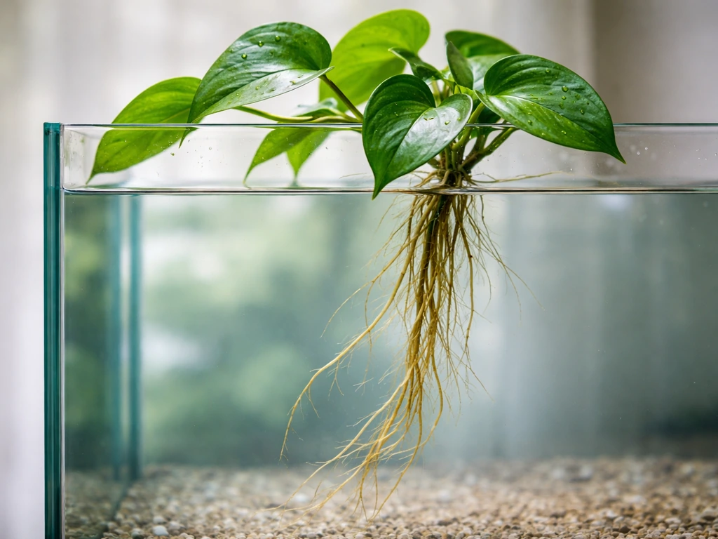 Pothos roots dangling in clear aquarium water with leaves resting above the tank rim.