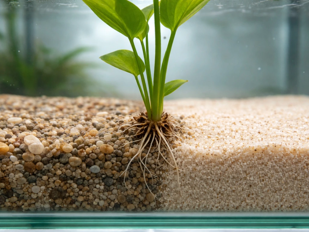 Close-up aquarium-safe substrate with small plant roots partially supported in fine gravel and sand