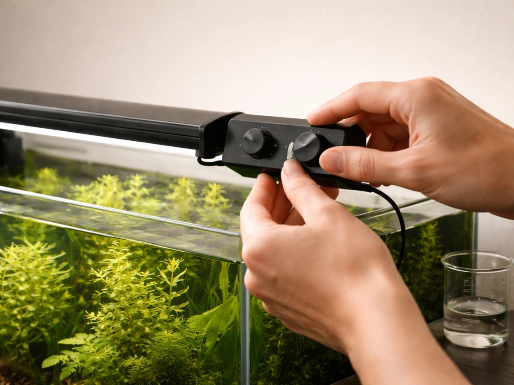 Hands adjusting an aquarium light timer over a planted tank with clear water and healthy plants.