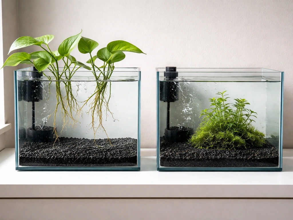 Side-by-side aquarium setups: emersed-root pothos over an open-top tank and fully submerged plants in water.