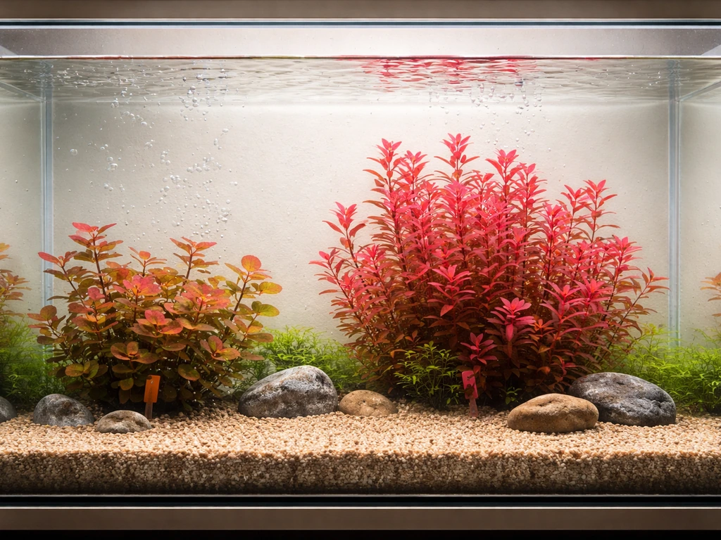 Minimal freshwater aquarium showing two red plant groups: Ludwigia repens and Rotala rotundifolia.