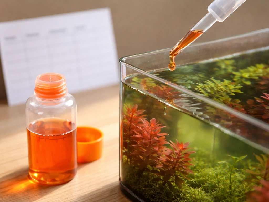 Close-up of a liquid fertilizer being dosed into an aquarium with a blank dosing card nearby.