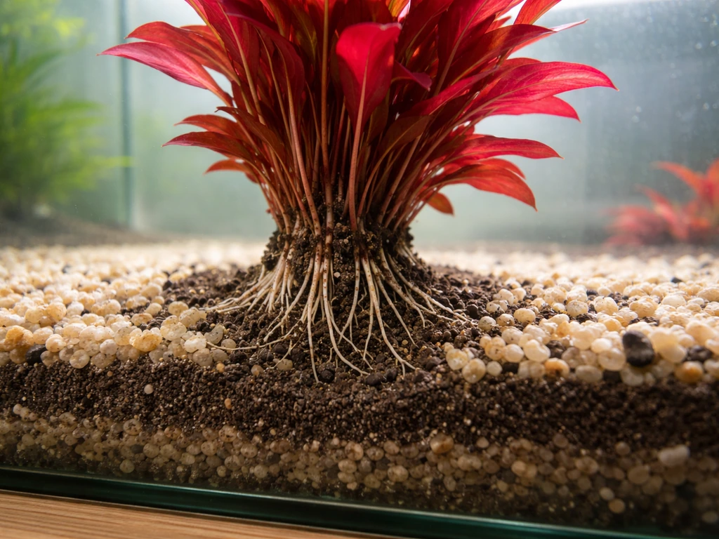 Closeup of red aquarium plants being planted, roots inserted into layered nutrient and gravel substrate.