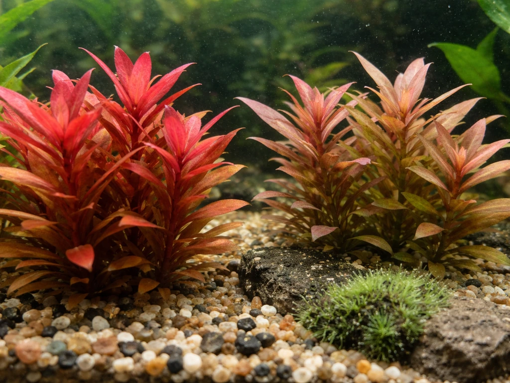 Close-up aquarium plants: one patch with weak red color, one patch with algae buildup.