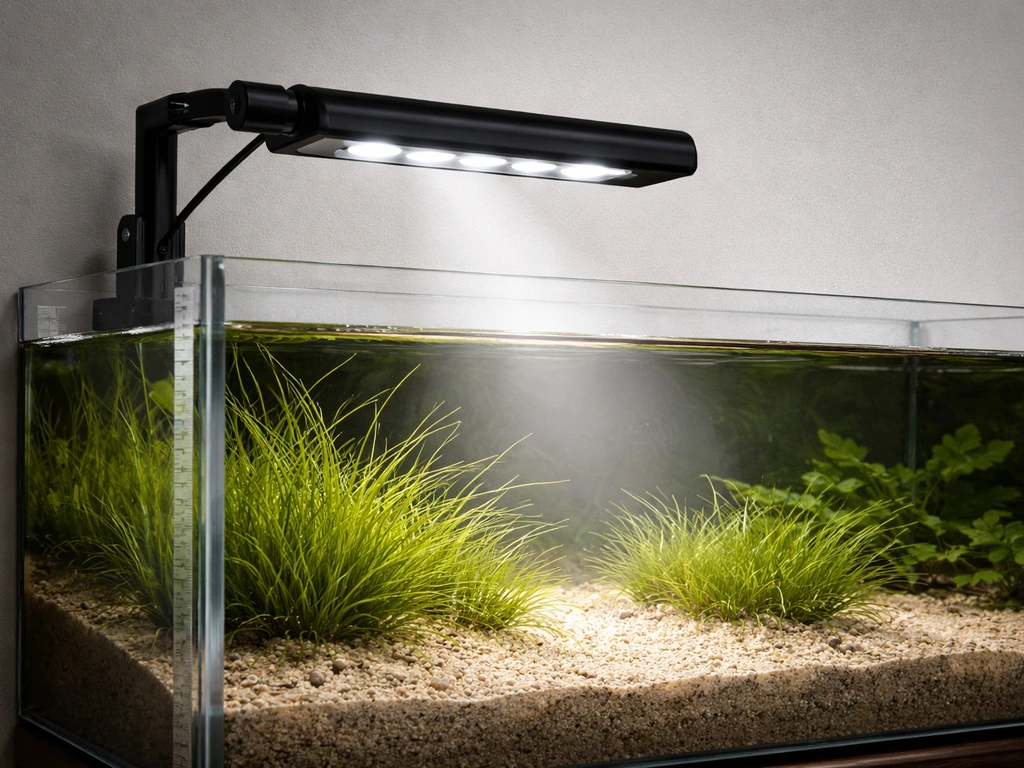 Aquarium LED light fixture positioned over a planted tank, aiming toward the substrate level