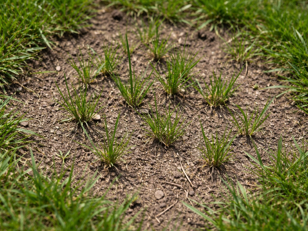 Overhead photo of sparse grass blades growing upright with soil showing, contrasting with denser low turf.