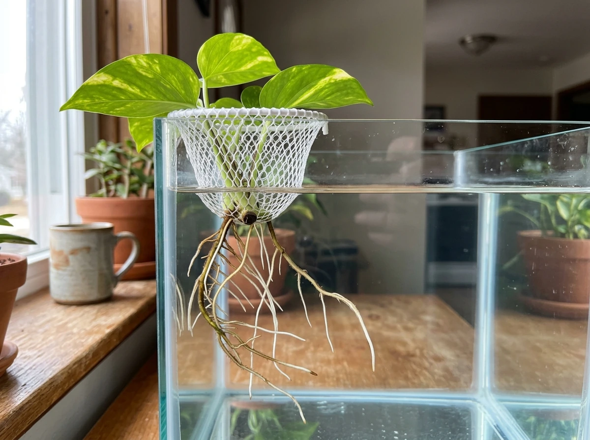 Golden pothos cutting anchored so only the submerged node and roots are in water