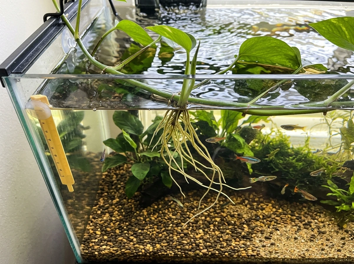 Pothos node near the waterline with roots extending down but not to the bottom