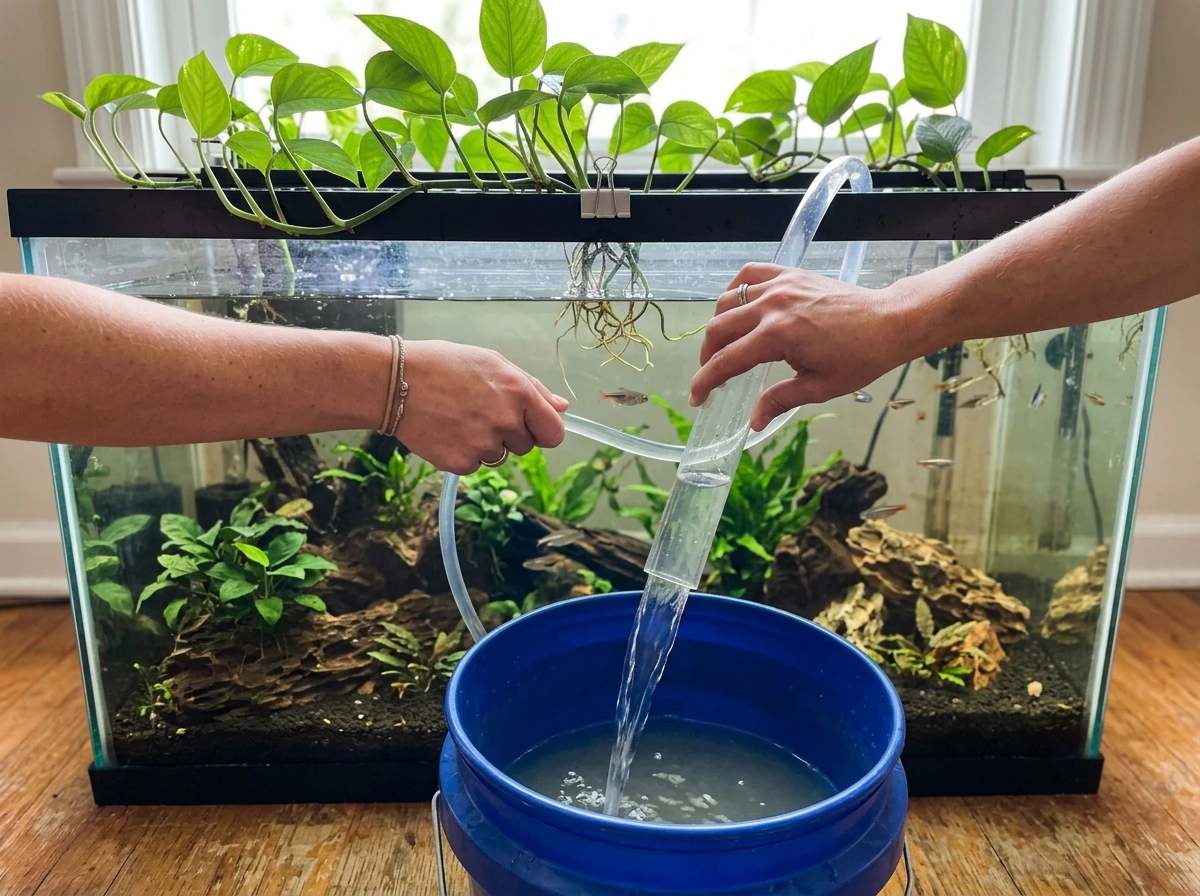 Partial water change with aquarium pothos anchored in place