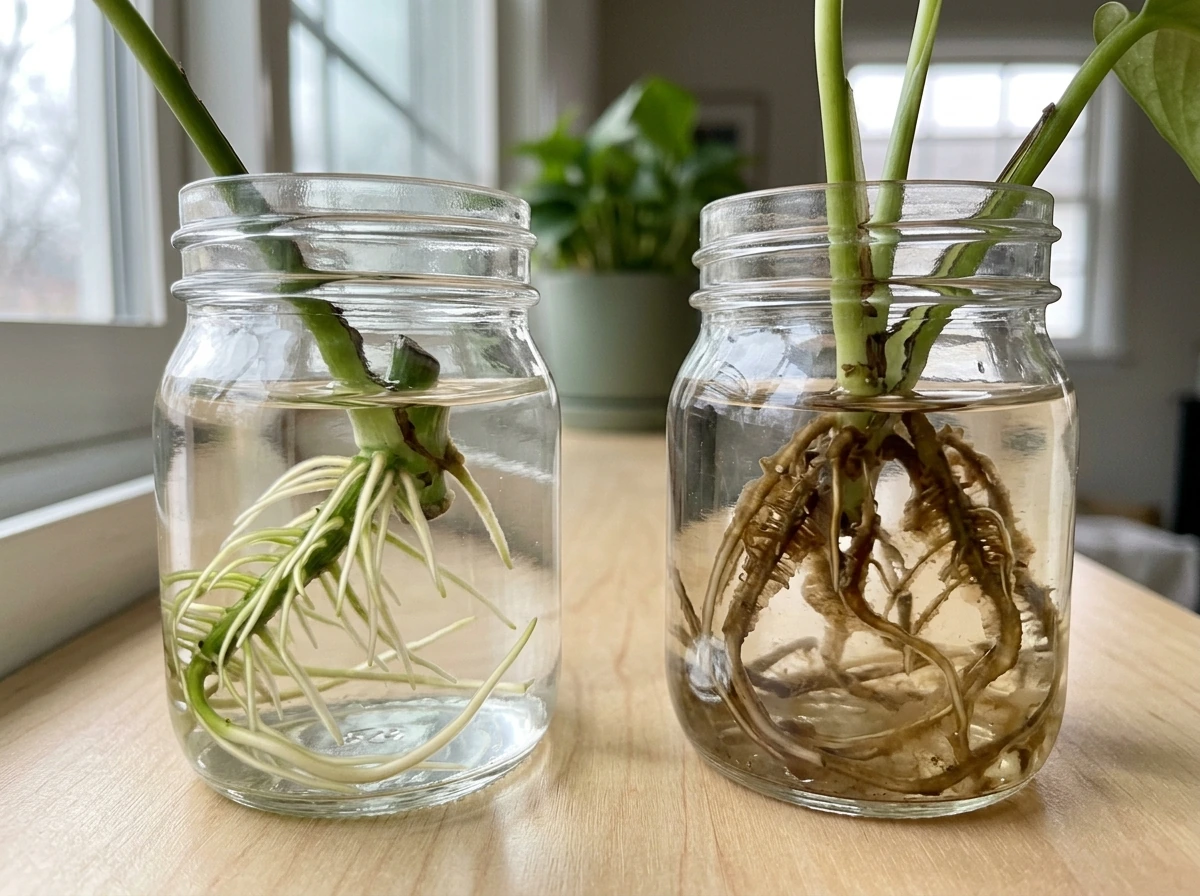 Comparison of healthy vs root-rot brown, slimy pothos roots