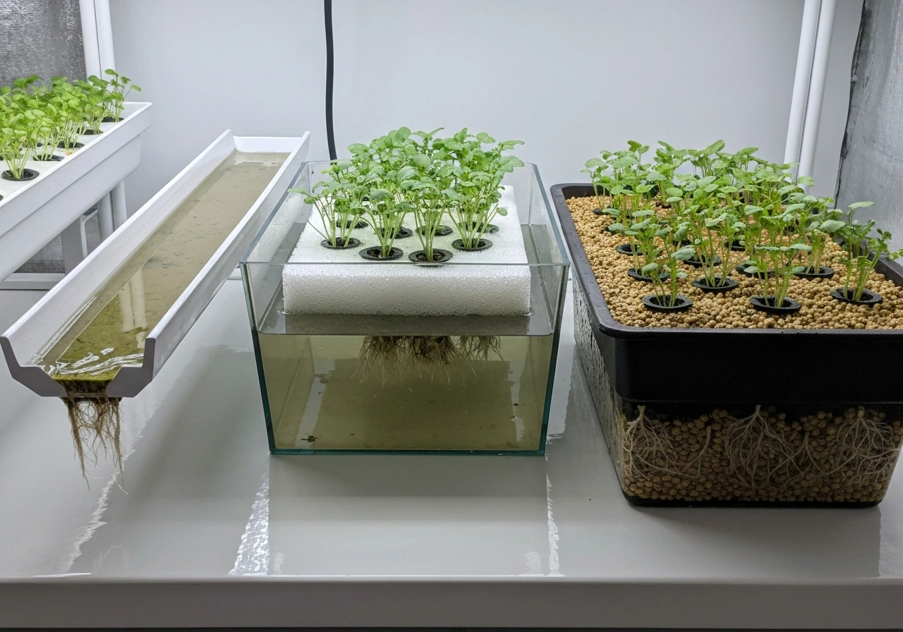Three hydroponic systems side-by-side showing watercress roots and seedlings in clear channels and tanks