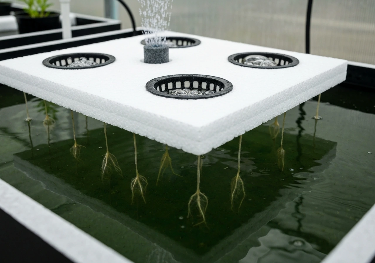 Foam raft with net pots floating on deep water, roots submerged in aerated nutrient solution with bubbles.