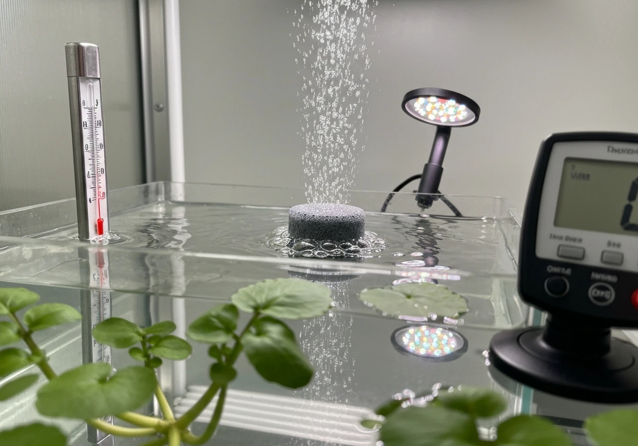 Close-up of a water reservoir with a thermometer, air stone bubbles, and a grow light setup beside watercress.