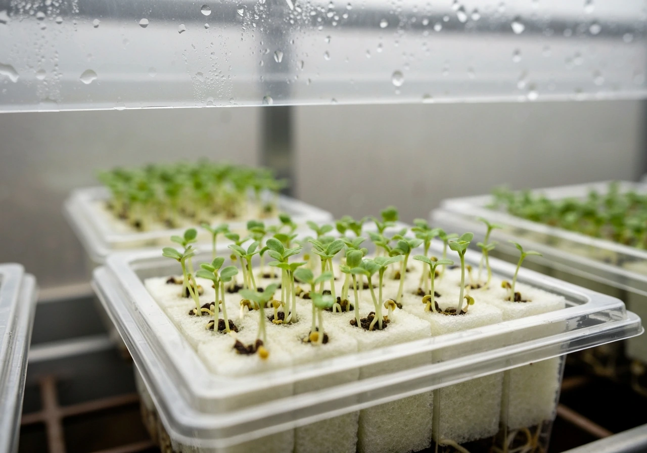Tiny watercress seedlings sprouting on moist rockwool cubes in a seedling tray under humid conditions.