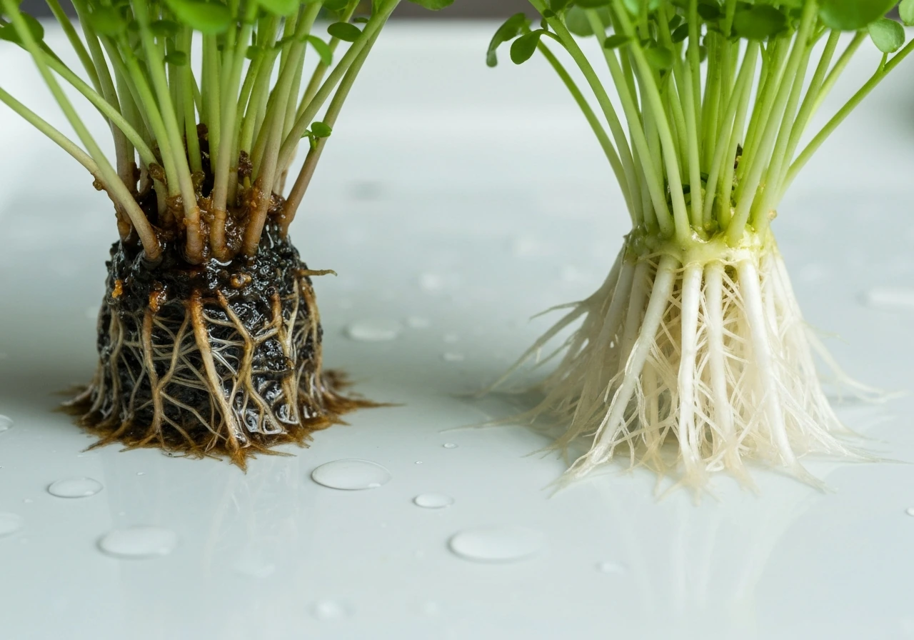 Close-up of hydroponic watercress roots showing early brown root-rot signs beside healthy white roots.