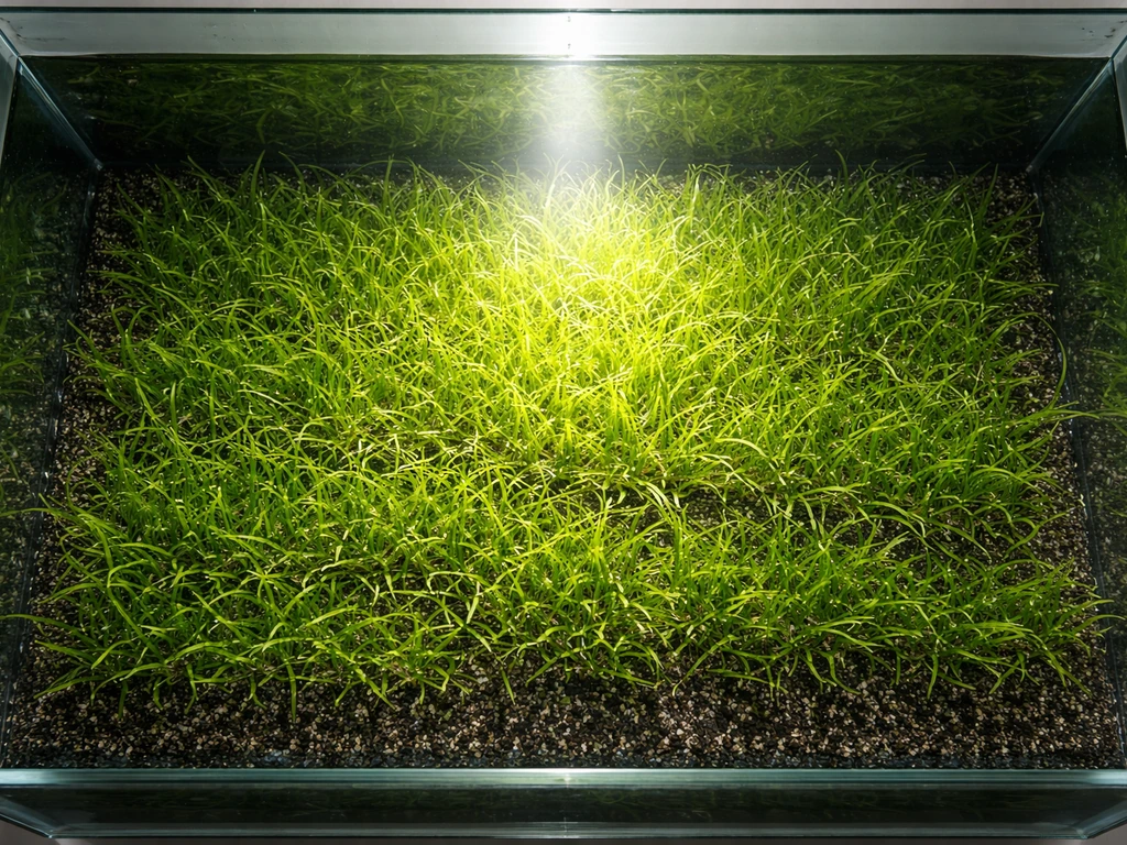 Overhead view of a lush aquatic grass carpet in a clear aquarium, with runners and rooted blades.