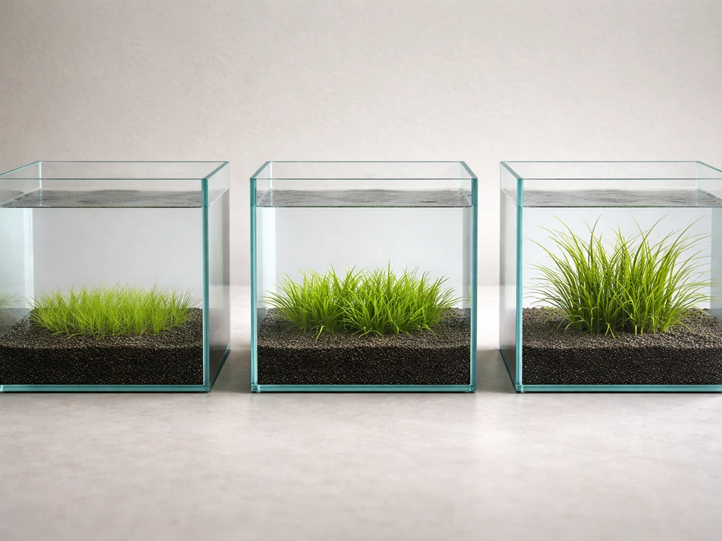 Three aquatic grass clumps in separate glass tanks, showing different textures and sizes side by side.