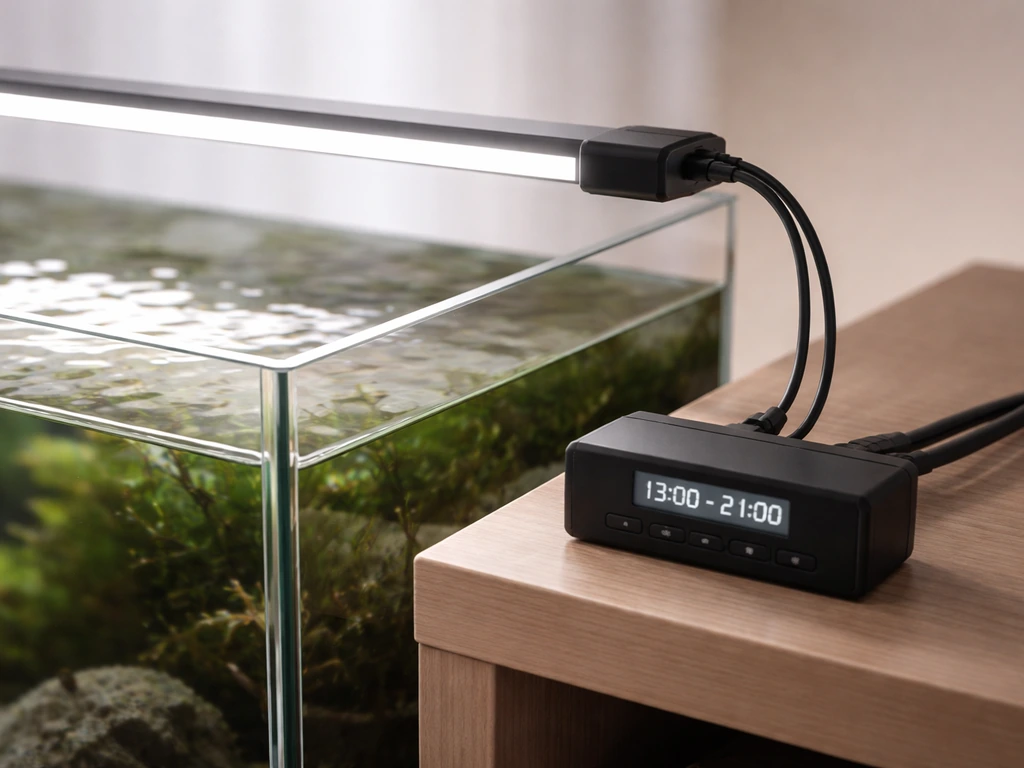 Close-up of aquarium LED light and a lighting timer controller controlling a daily photoperiod window.