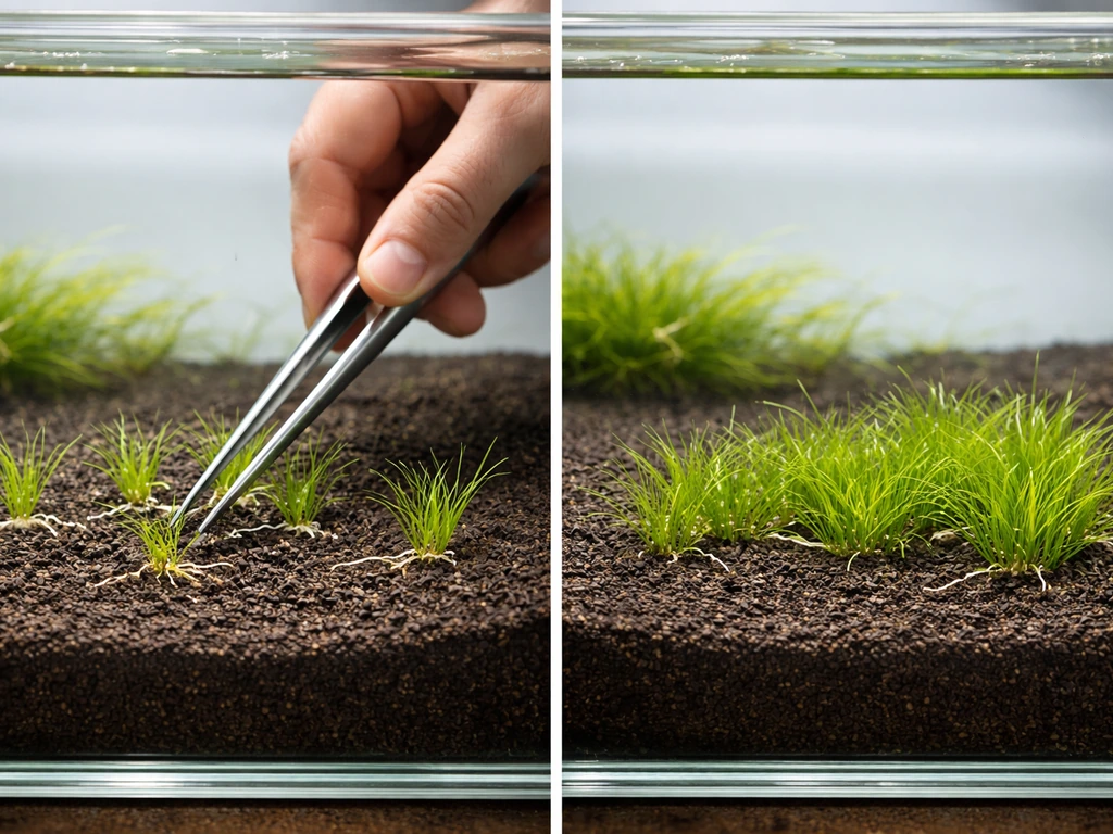 Hands using aquascaping tweezers to plant aquatic grass rhizomes into fine substrate in a tank